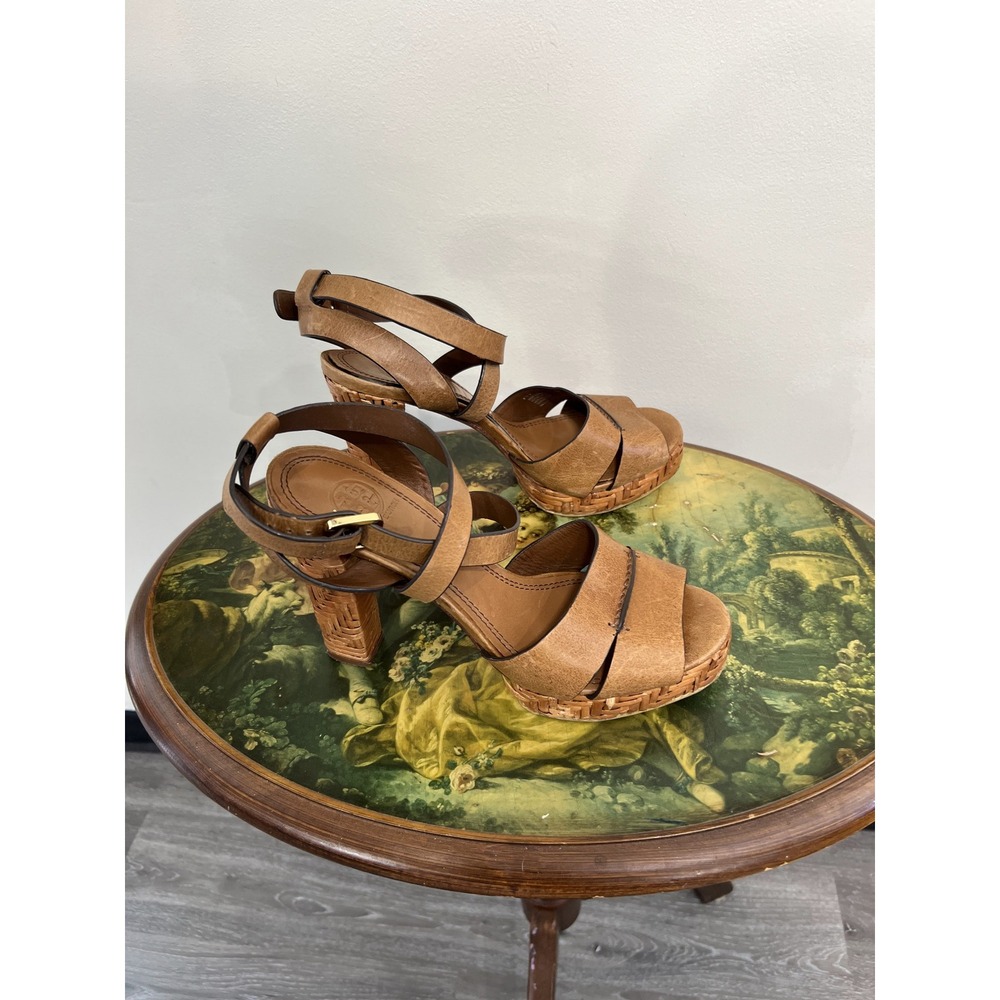 Tory Burch Tan Leather Woven Rattan Wood Platform High Heel Sandals Size 9.5